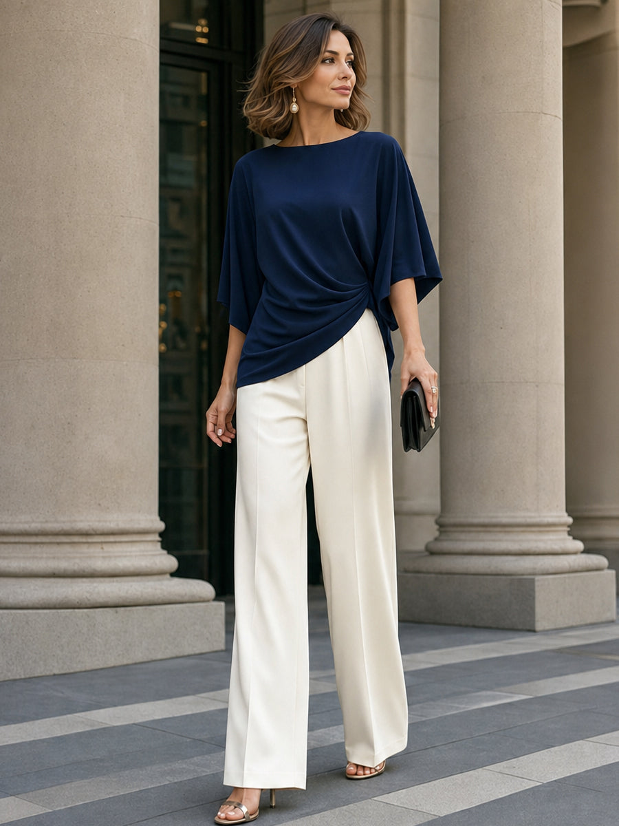 Gabriella, Conjunto de Blusa Drapeada y Pantalón Ancho