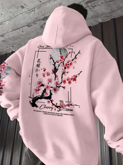 Sudadera con capucha para hombre, estilo urbano casual, con estampado de árbol de flores de ciruelo y eslogan, bolsillo canguro y cordón, para otoño/invierno