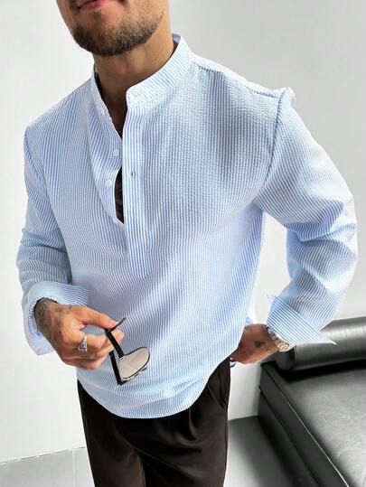 GloMan Camisa de lino para hombre con cuello mao y media tapeta, manga larga, ligera, transpirable y holgada, estilo casual, ideal para vacaciones de verano, fiestas y uso diario en la oficina, regalo para hombre
