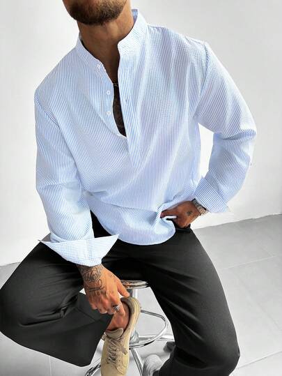 GloMan Camisa de lino para hombre con cuello mao y media tapeta, manga larga, ligera, transpirable y holgada, estilo casual, ideal para vacaciones de verano, fiestas y uso diario en la oficina, regalo para hombre