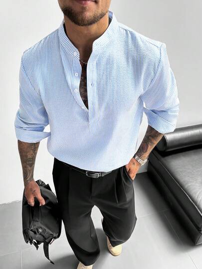 GloMan Camisa de lino para hombre con cuello mao y media tapeta, manga larga, ligera, transpirable y holgada, estilo casual, ideal para vacaciones de verano, fiestas y uso diario en la oficina, regalo para hombre