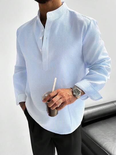GloMan Camisa de lino para hombre con cuello mao y media tapeta, manga larga, ligera, transpirable y holgada, estilo casual, ideal para vacaciones de verano, fiestas y uso diario en la oficina, regalo para hombre