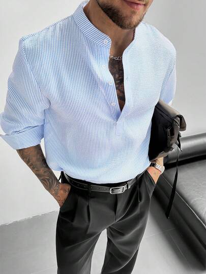 GloMan Camisa de lino para hombre con cuello mao y media tapeta, manga larga, ligera, transpirable y holgada, estilo casual, ideal para vacaciones de verano, fiestas y uso diario en la oficina, regalo para hombre