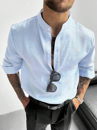 GloMan Camisa de lino para hombre con cuello mao y media tapeta, manga larga, ligera, transpirable y holgada, estilo casual, ideal para vacaciones de verano, fiestas y uso diario en la oficina, regalo para hombre