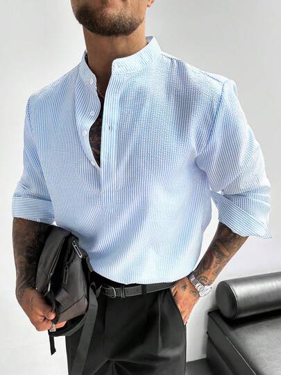 GloMan Camisa de lino para hombre con cuello mao y media tapeta, manga larga, ligera, transpirable y holgada, estilo casual, ideal para vacaciones de verano, fiestas y uso diario en la oficina, regalo para hombre