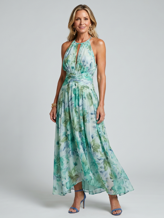 The Portia | Pleated Halter Floral Midi Dress
