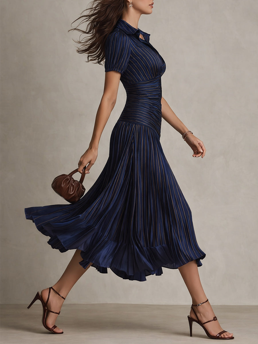 The Adrienne | Retro Striped Satin Midi Dress