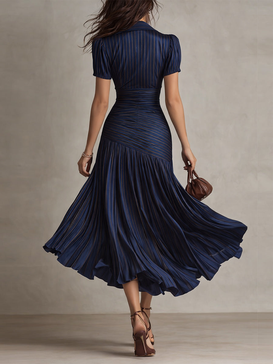 The Adrienne | Retro Striped Satin Midi Dress
