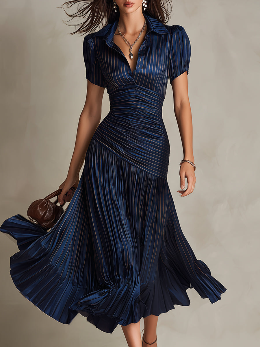 The Adrienne | Retro Striped Satin Midi Dress