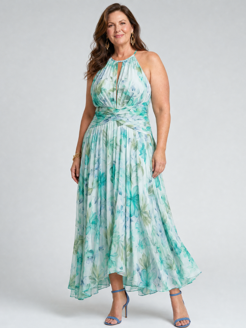The Portia | Pleated Halter Floral Midi Dress