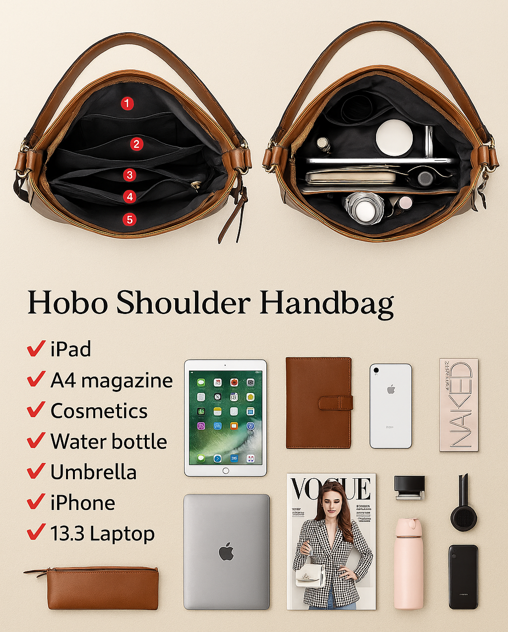 Conjunto de Bolsos de Piel · 3 Piezas: Bolso, Bandolera y Neceser