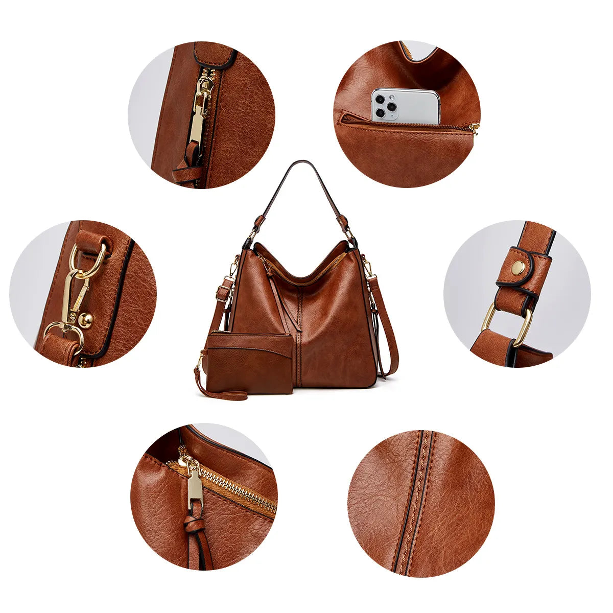 Conjunto de Bolsos de Piel · 3 Piezas: Bolso, Bandolera y Neceser