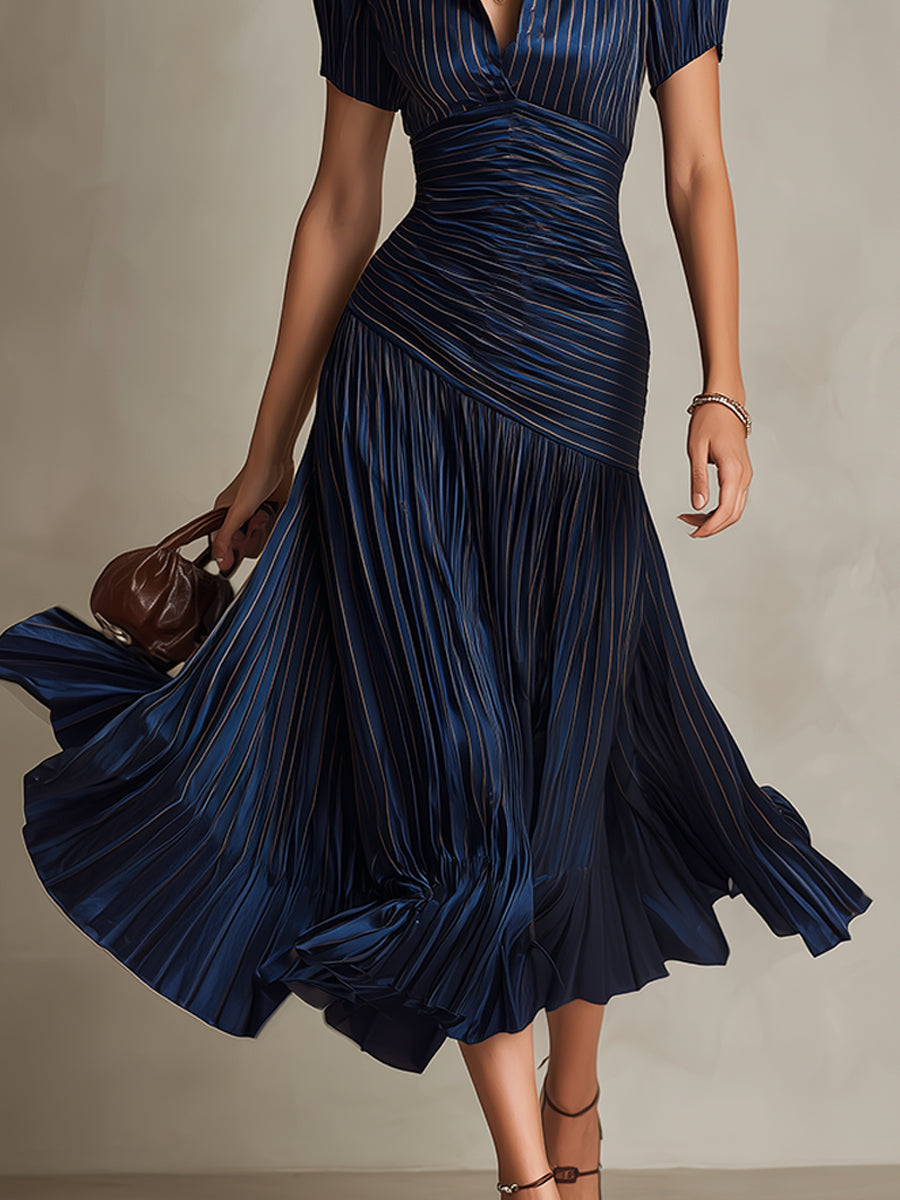 The Adrienne | Retro Striped Satin Midi Dress