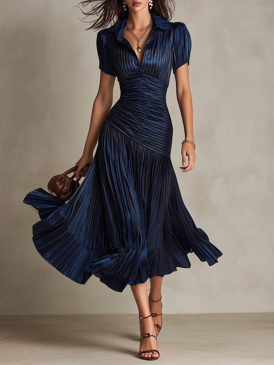 The Adrienne | Retro Striped Satin Midi Dress