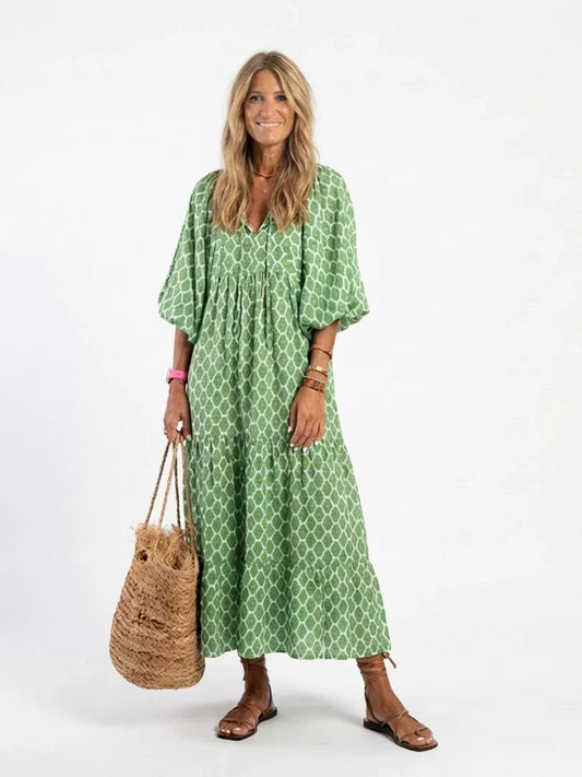 The Breezy | Three Quarter Sleeve V Neck Patterned Midi Dress