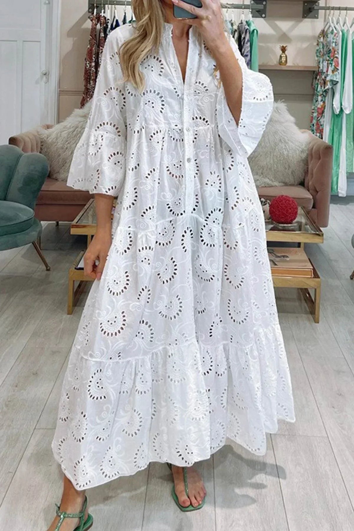 The Isla | Broderie Anglaise 3/4 Sleeve Maxi Dress