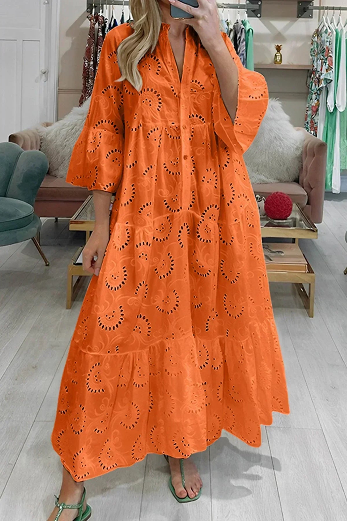 The Isla | Broderie Anglaise 3/4 Sleeve Maxi Dress