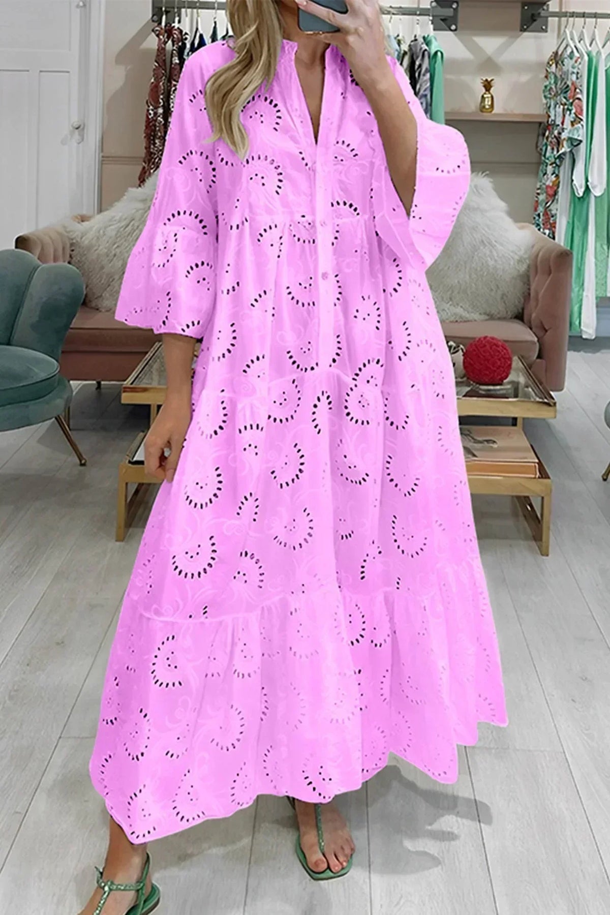 The Isla | Broderie Anglaise 3/4 Sleeve Maxi Dress