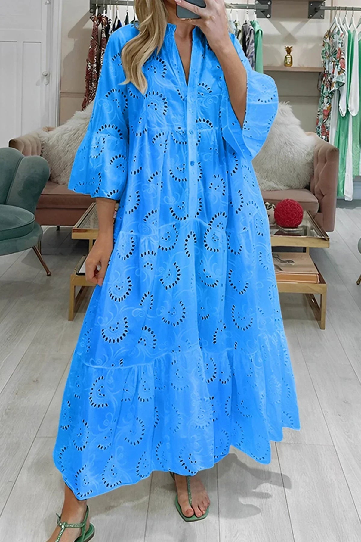 The Isla | Broderie Anglaise 3/4 Sleeve Maxi Dress
