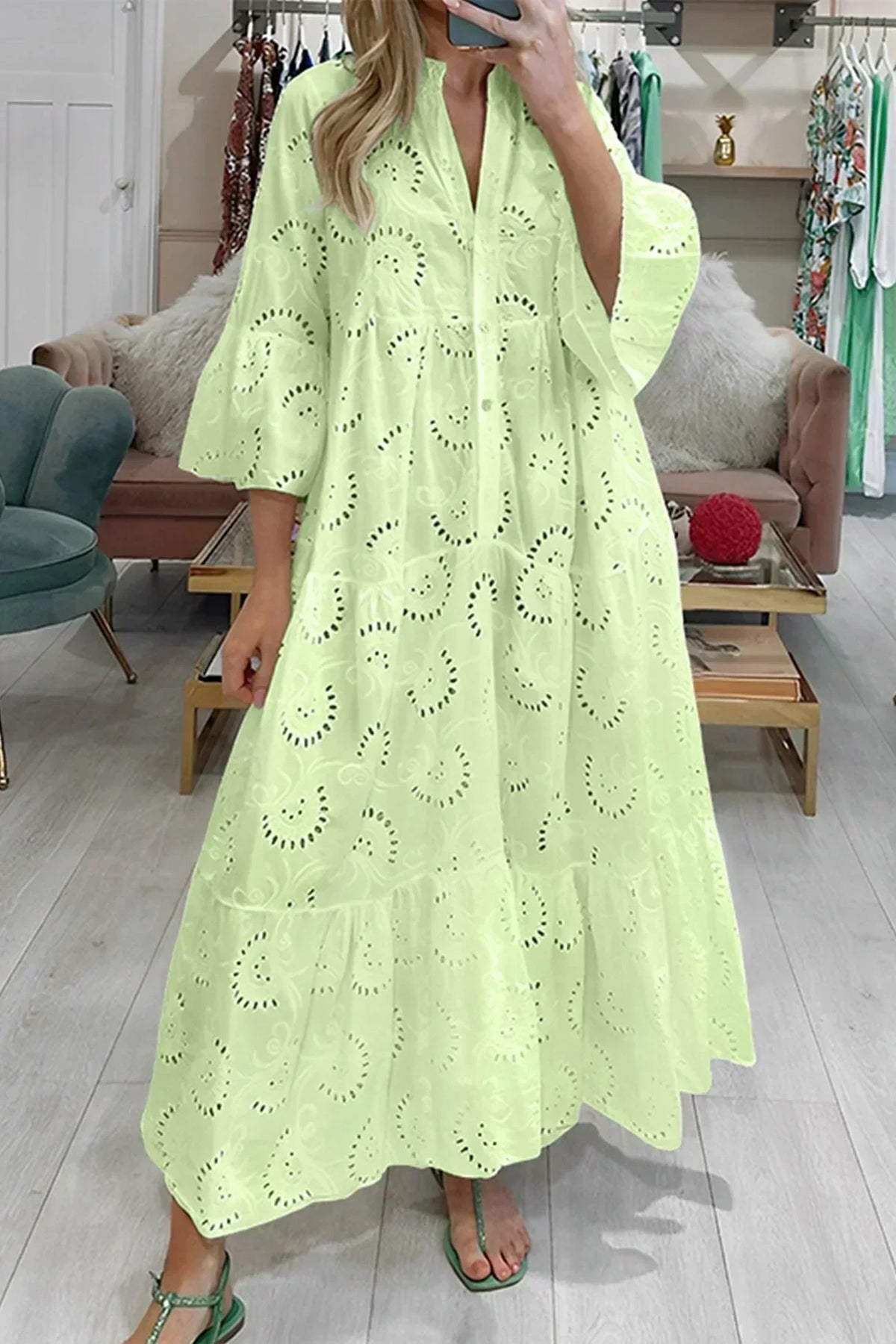 The Isla | Broderie Anglaise 3/4 Sleeve Maxi Dress