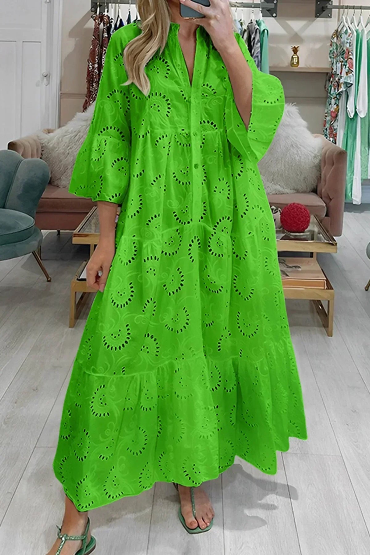 The Isla | Broderie Anglaise 3/4 Sleeve Maxi Dress
