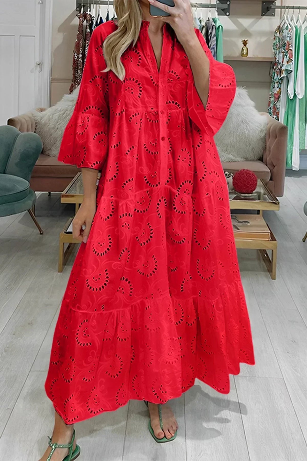 The Isla | Broderie Anglaise 3/4 Sleeve Maxi Dress