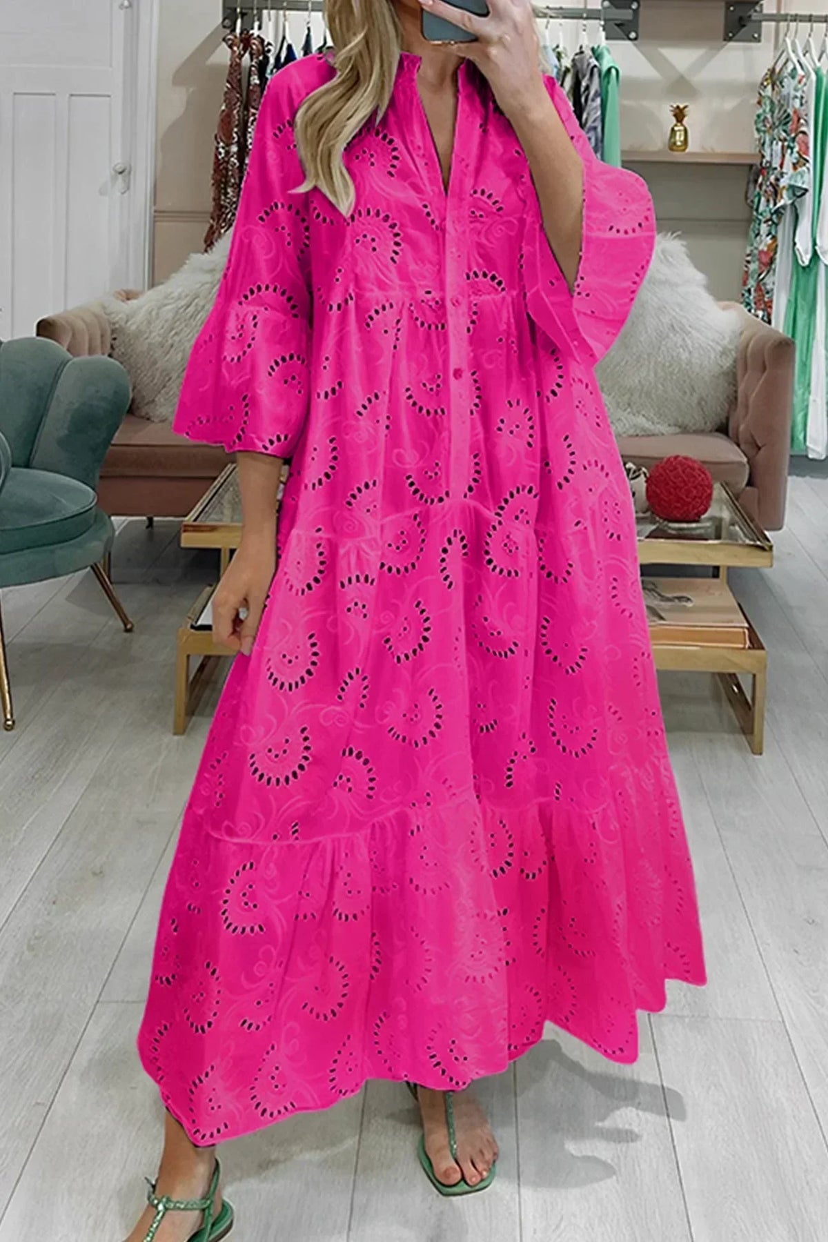 The Isla | Broderie Anglaise 3/4 Sleeve Maxi Dress